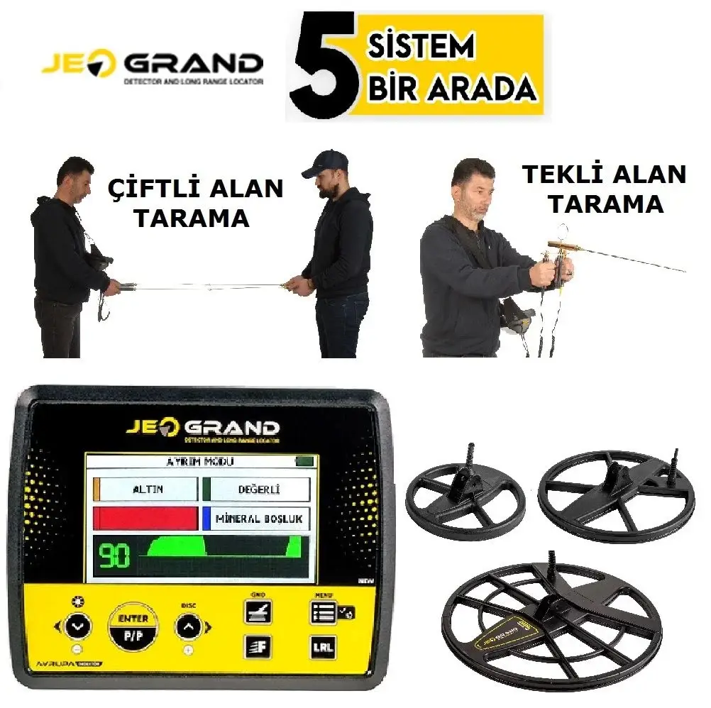 Avrupa Dedektör Avrupa Dedektör Jeogrand Çok Sistemli Dedektör Seti (Derin + Yüzey VLF + Pinpointer + Alan Tarama, 2D Ekran, Çoklu Başlık)