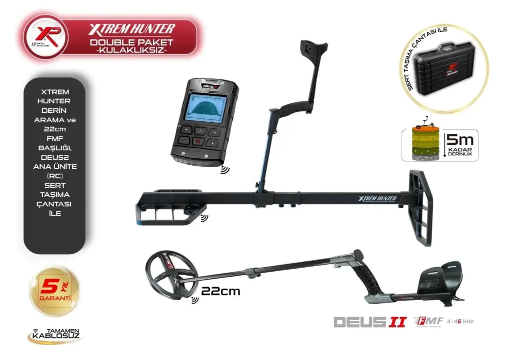 XP XP Deus 2 Tam Su Geçirmez Dedektör — Ana Ünite ve 22 cm FMF Başlık (Xtrem Hunter Uyumlu)